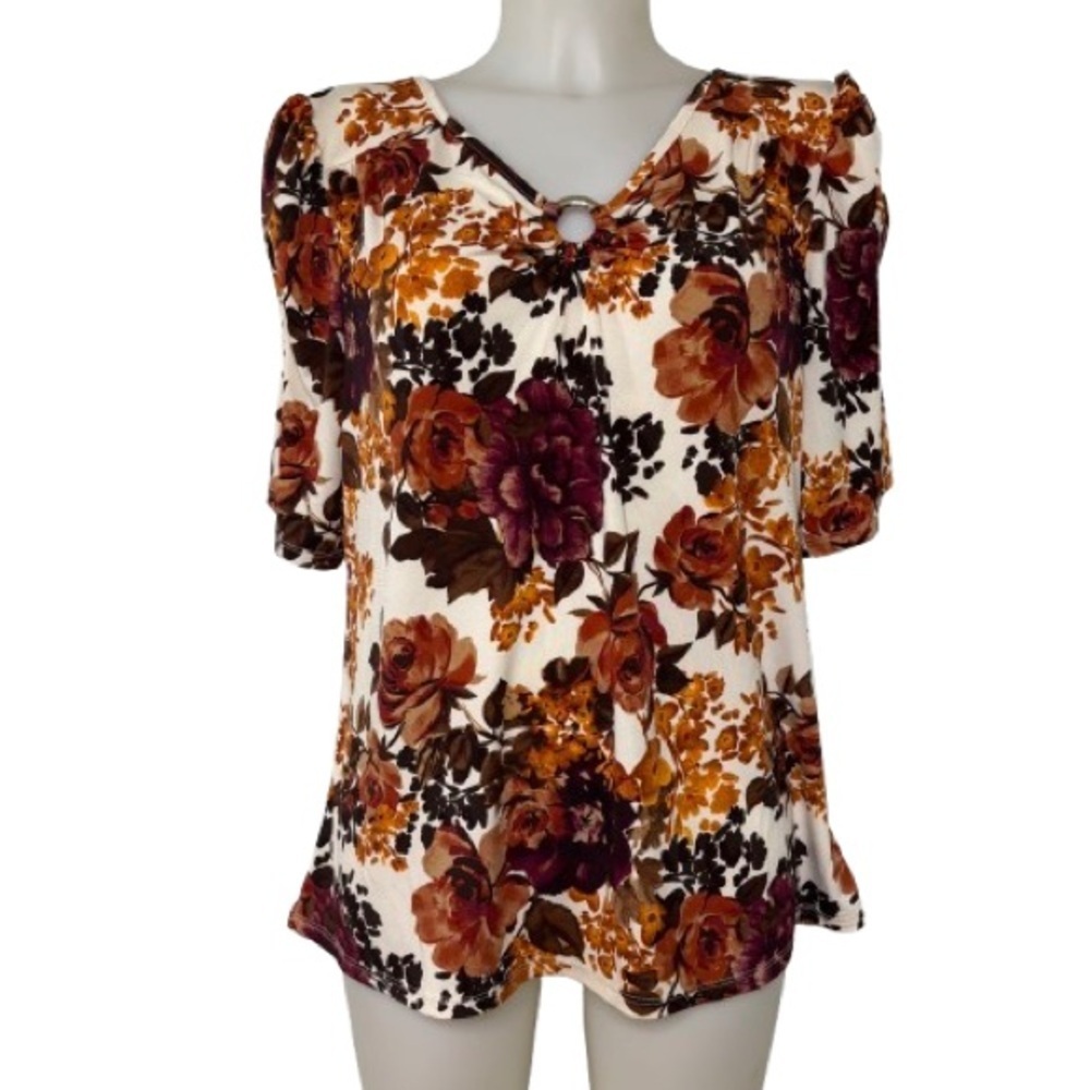 Diana Belle Brown Orange Fall Floral Rouched Sleeve Blouse Size L